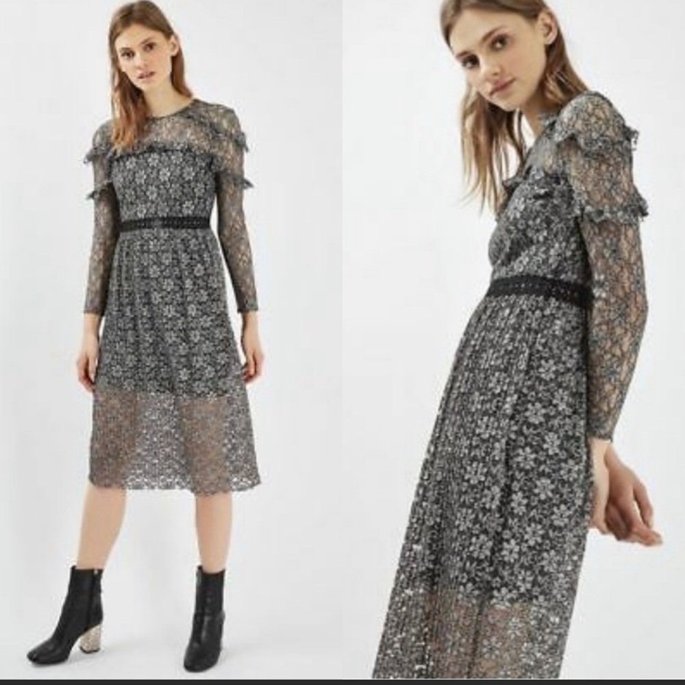TopShop Sheer Floral Lace Ruffle Sleeve Goth Midi Dress Size 6 NWT
